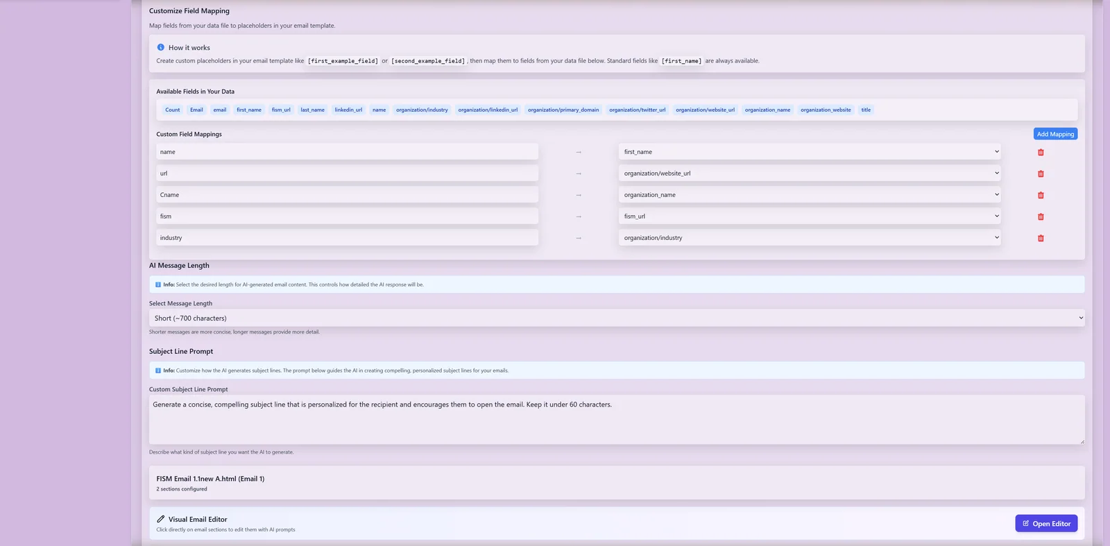 Email Pilot campaign configuration screen where the audience, purpose and tone are set.