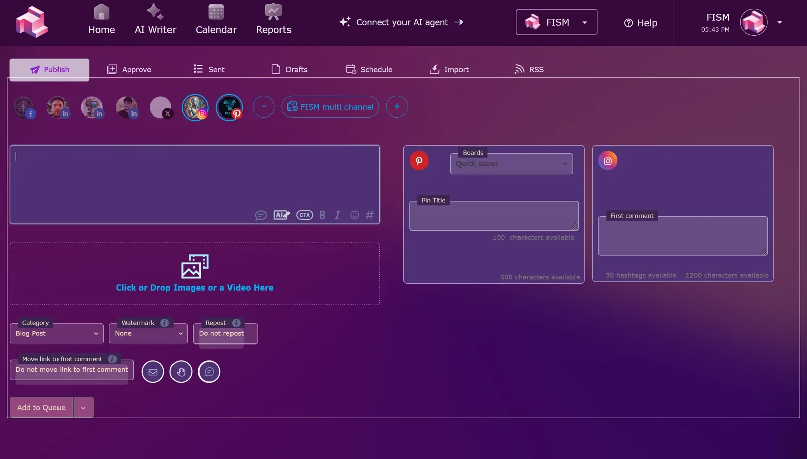 Fismbot Publish dashboard: write a post once, tailor it for each channel, then queue or schedule it.