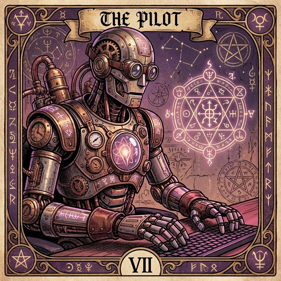 AI-generated post image: a steampunk pilot robot at a keyboard beneath a banner reading “The Pilot”.