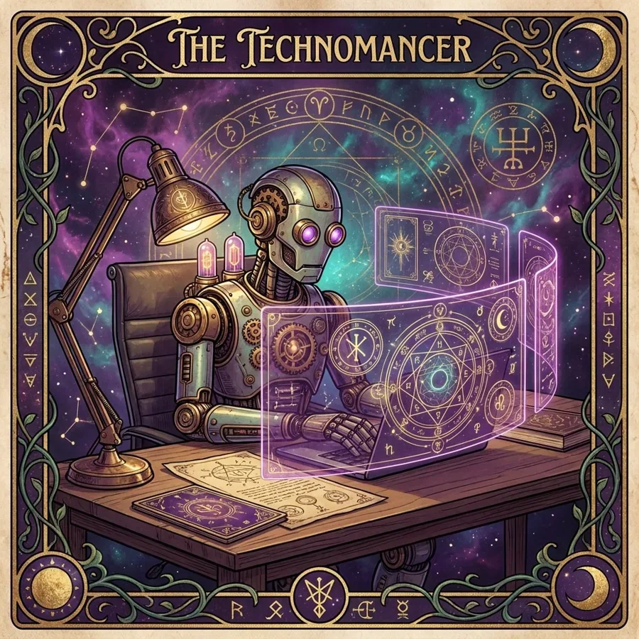 AI-generated post image: a robot using glowing holographic screens, titled “The Technomancer”.