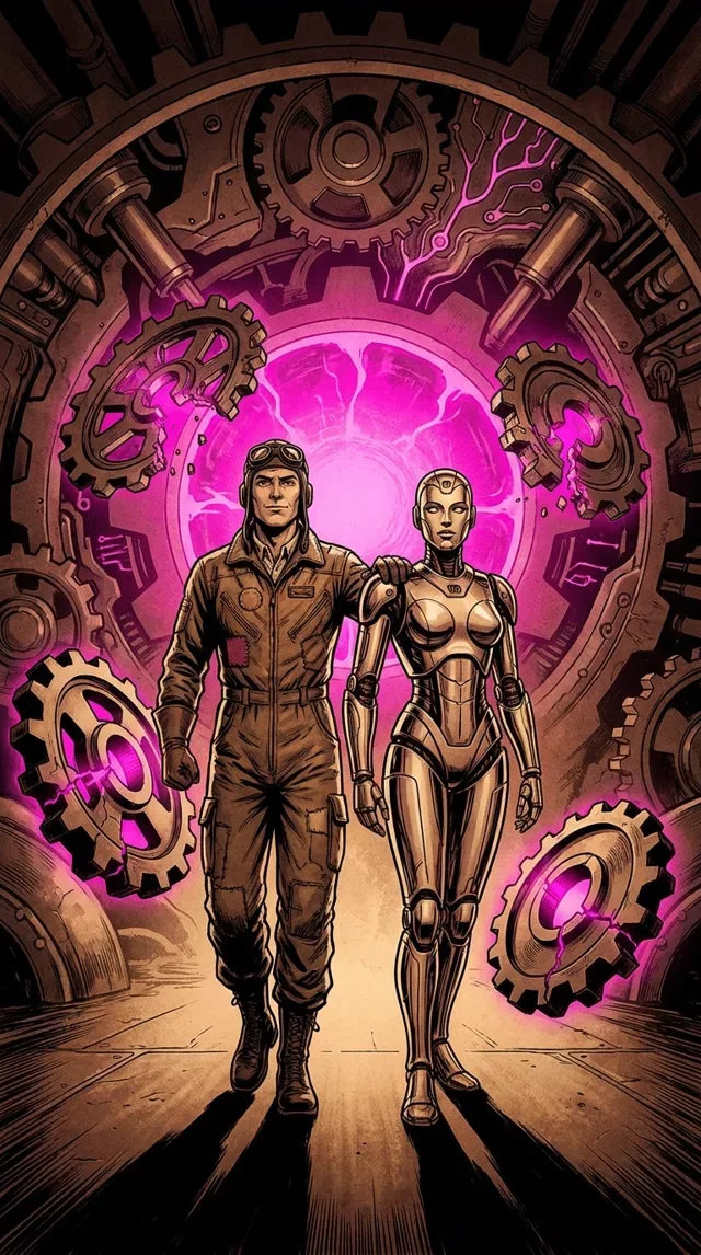 AI-generated post image: a pilot and an android walking through a portal of gears and magenta light.