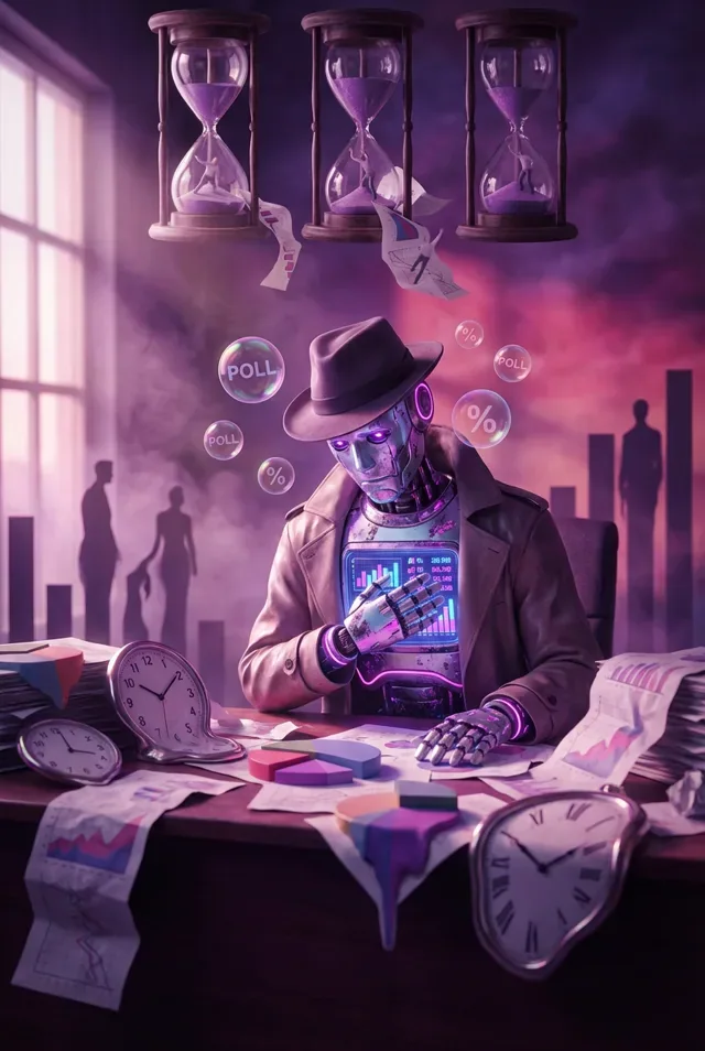 AI-generated post image: a robot detective surrounded by clocks, charts and poll results.