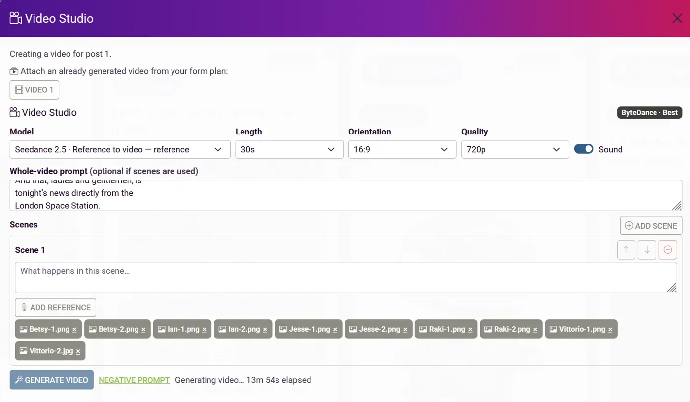 Fismbot Video Studio: choose model, length, orientation and quality, describe scenes, attach reference images and generate a video.